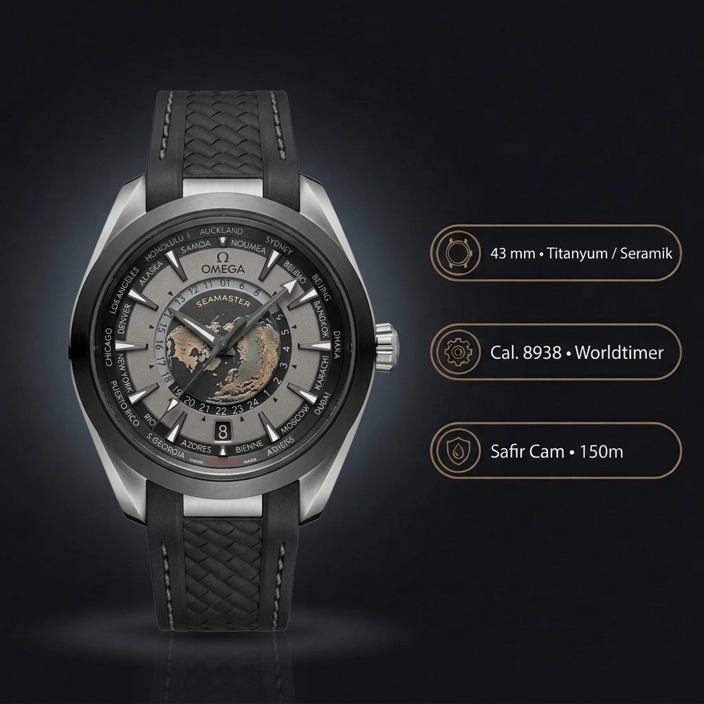 Omega 43 mm 220.10.43 Seamaster Aqua Terra Worldtimer Gri Kadran Kauçuk Kordon Super Clone ETA Saat