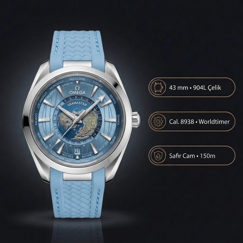 Omega 43 mm 220.10.43 Seamaster Aqua Terra Worldtimer Mavi Kadran Deri Super Clone ETA Saat