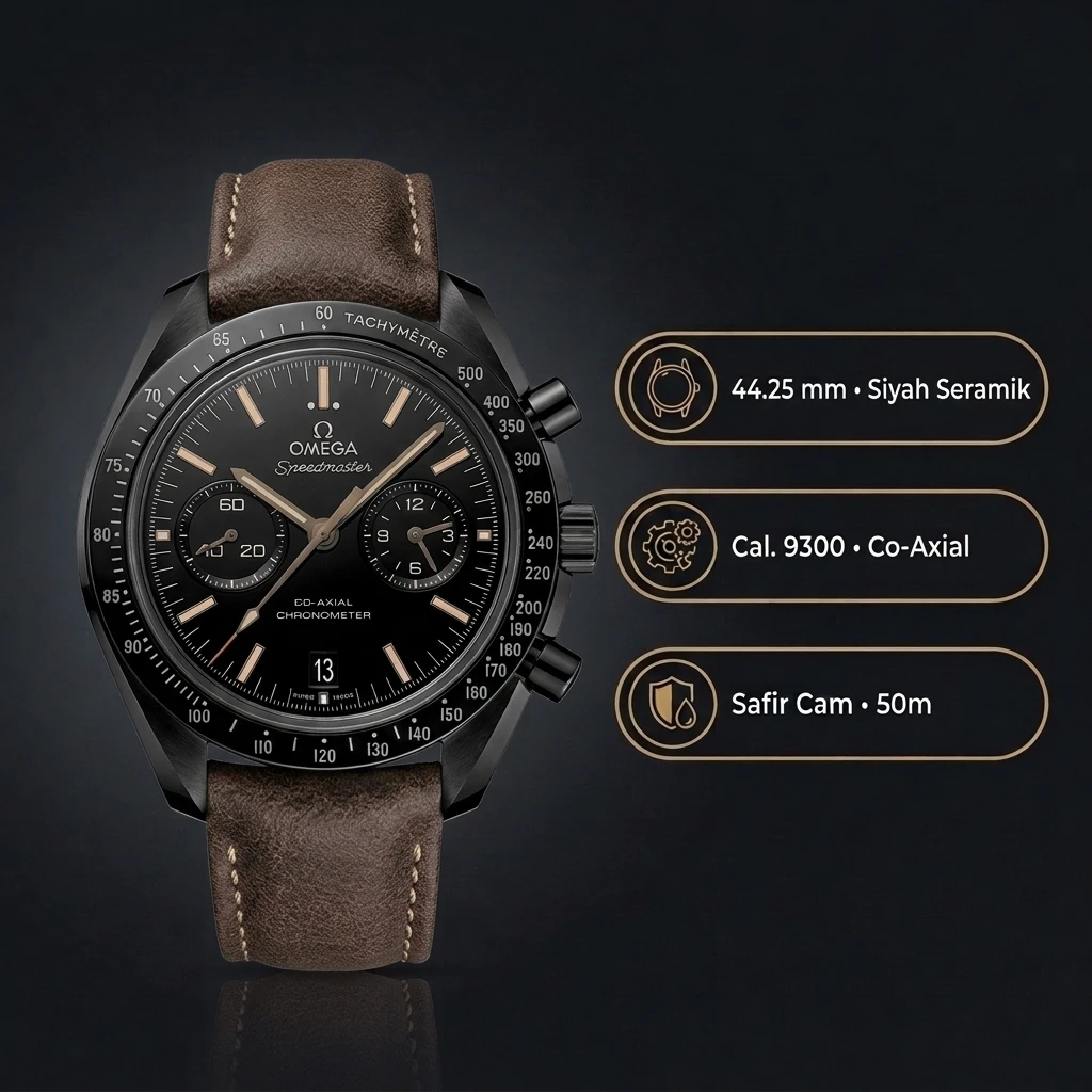 Omega 44.25 mm 311.92.44 Speedmaster Dark Side Of The Moon Siyah Kadran Seramik Kasa Kahverengi Deri Super Clone ETA Saat