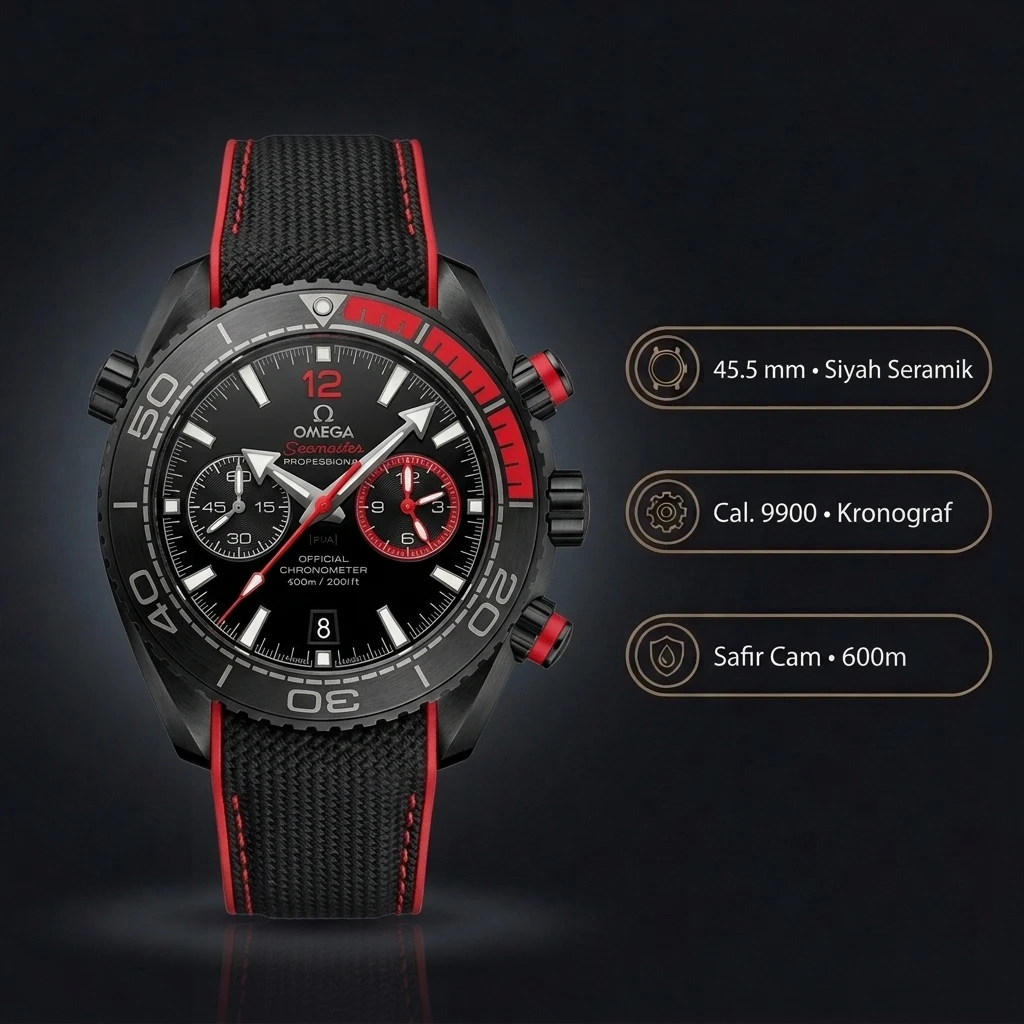Omega 45.5 mm 215.92.46 Seamaster Planet Ocean Gri Kırmızı Chronograph Kordon Super Clone ETA Saat