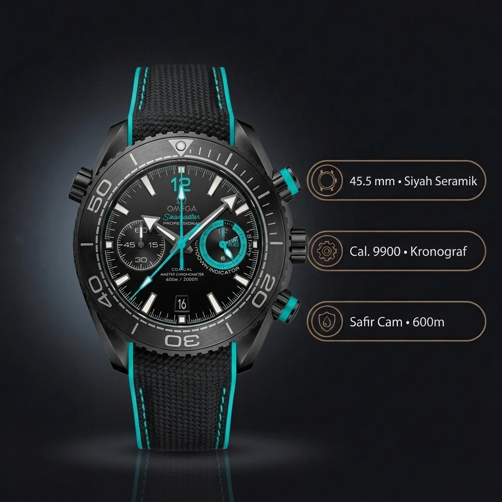 Omega 45.5 mm 215.92.46 Seamaster Planet Ocean Siyah Turkuaz Chronograph Kordon Super Clone ETA Saat