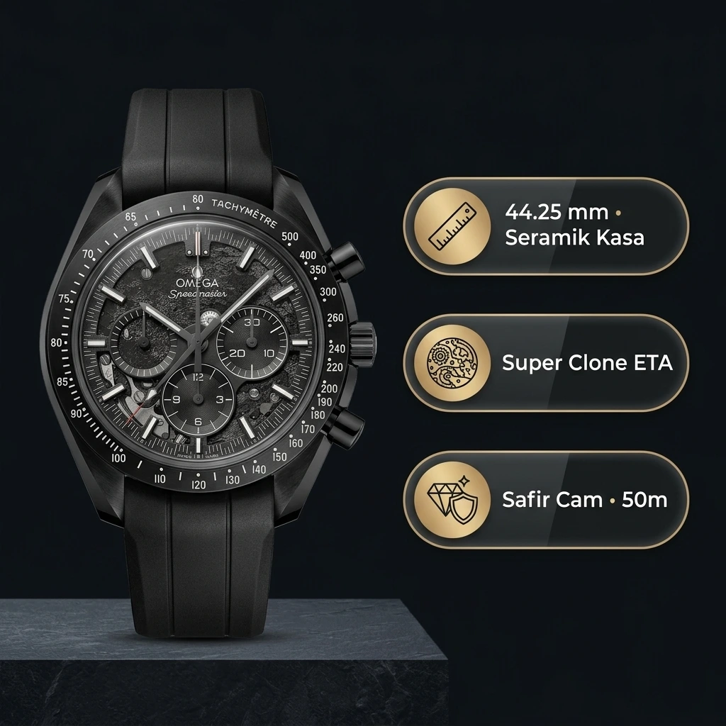 Omega Speedmaster Dark Side of the Moon Apollo 8 44.25 MM Siyah Seramik Kasa Ay Yüzeyi İskelet Kadran Siyah Kauçuk Kordon Super Clone ETA Saat