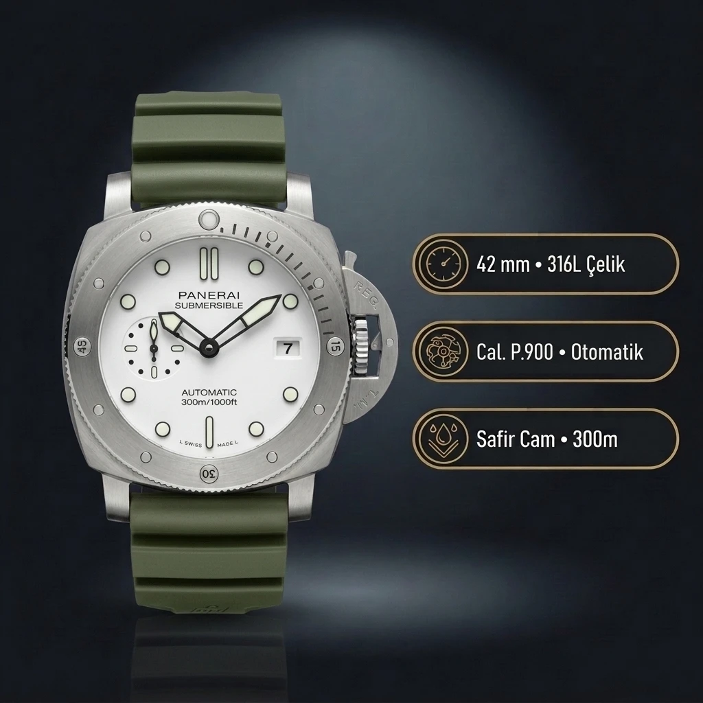 Panerai 42 mm PAM01069 Submersible Beyaz Kadran Yeşil Kordon Super Clone ETA Saat