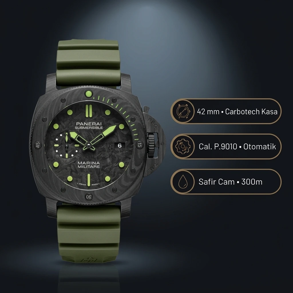 Panerai 42 mm PAM01069 Submersible Karbotech Yeşil Kordon Super Clone ETA Saat