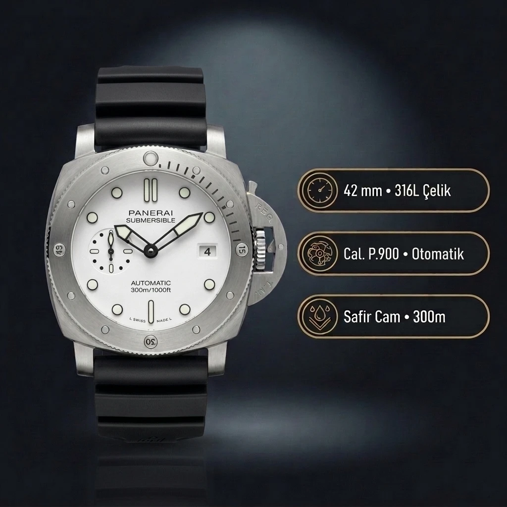 Panerai 42 mm PAM01222 Submersible Beyaz Kadran Klasik Super Clone ETA Saat