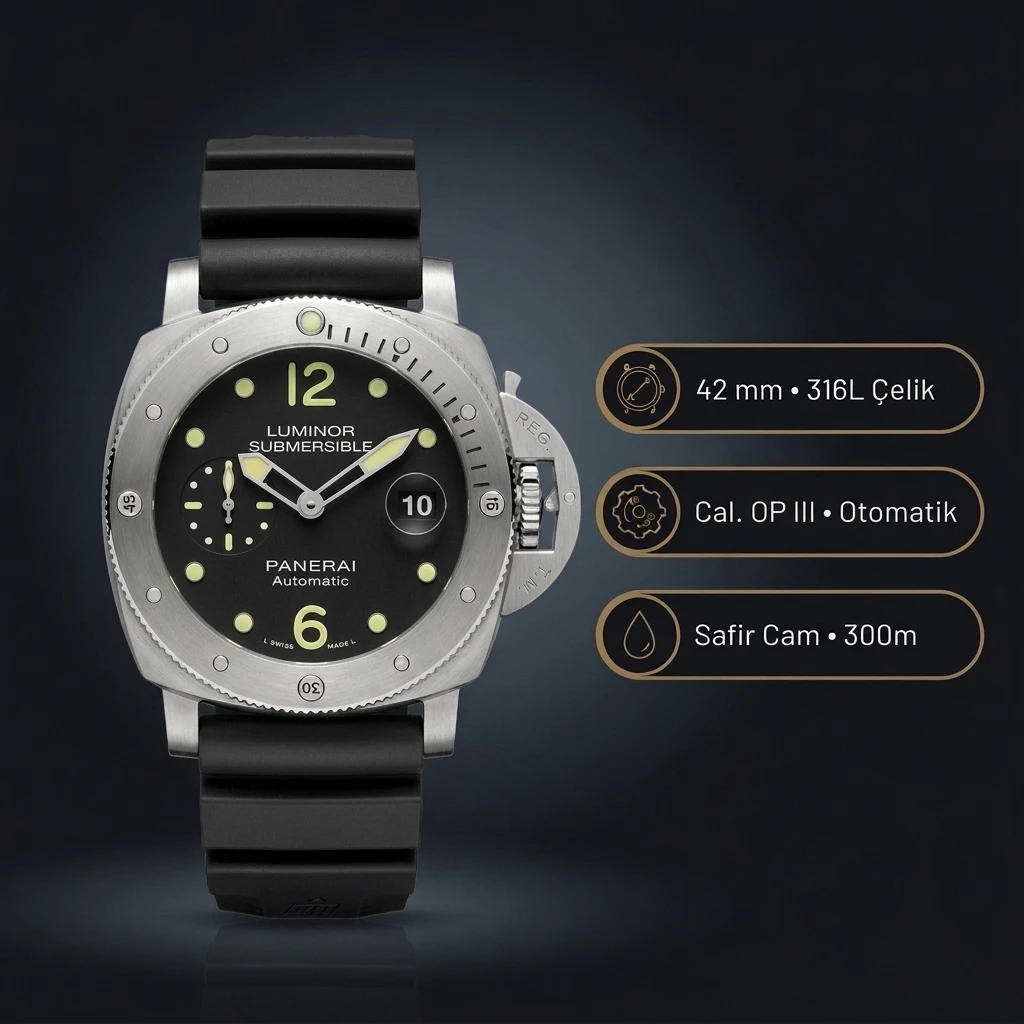 Panerai 42 mm PAM01222 Submersible Siyah Kadran Sarı Lume Super Clone ETA Saat
