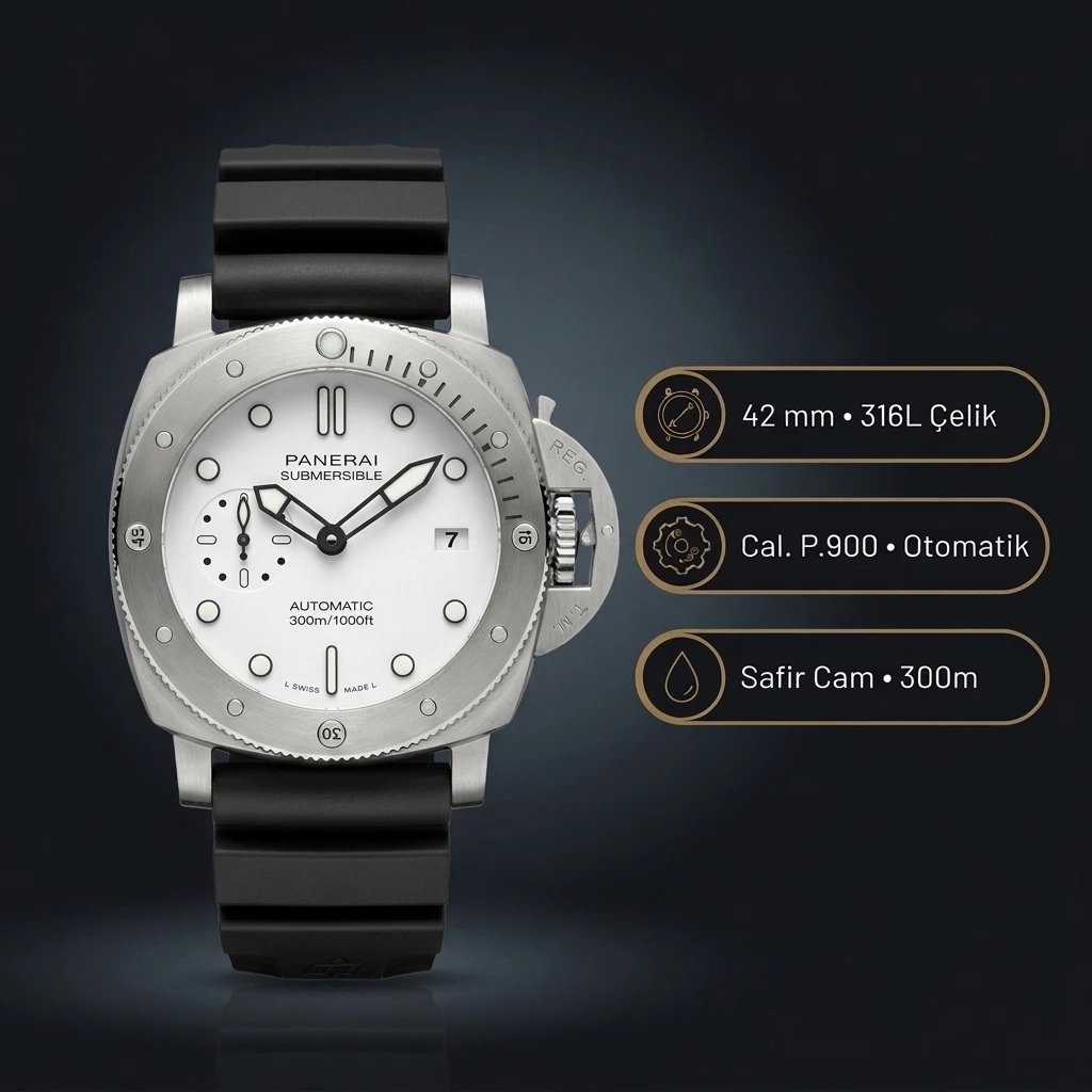 Panerai 42 mm PAM01222 Submersible Titanyum Beyaz Kadran Zarif Super Clone ETA Saat