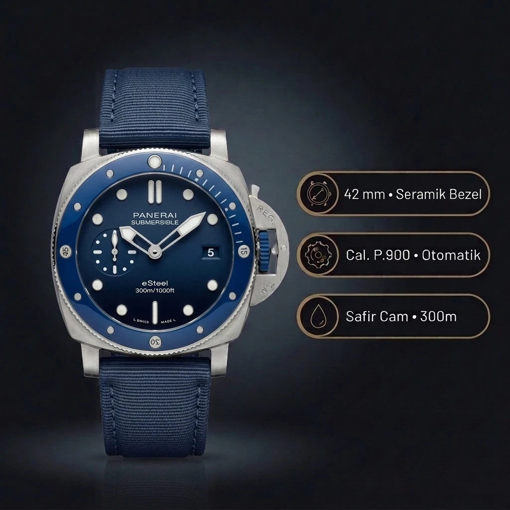 Panerai 42 mm PAM01664 Submersible Mavi Kadran Kauçuk Kordon Super Clone ETA Saat