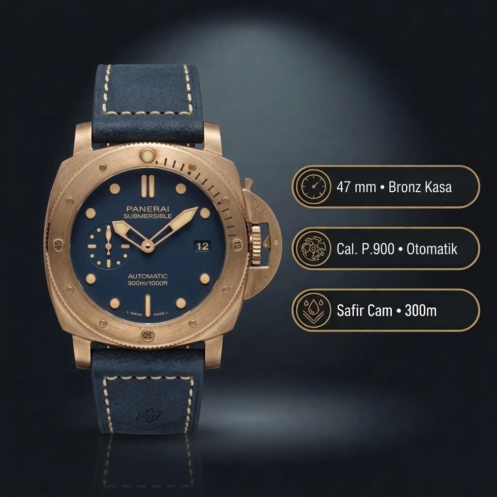 Panerai 47 mm PAM01074 Submersible Bronzo Mavi Kadran Klasik Super Clone ETA Saat