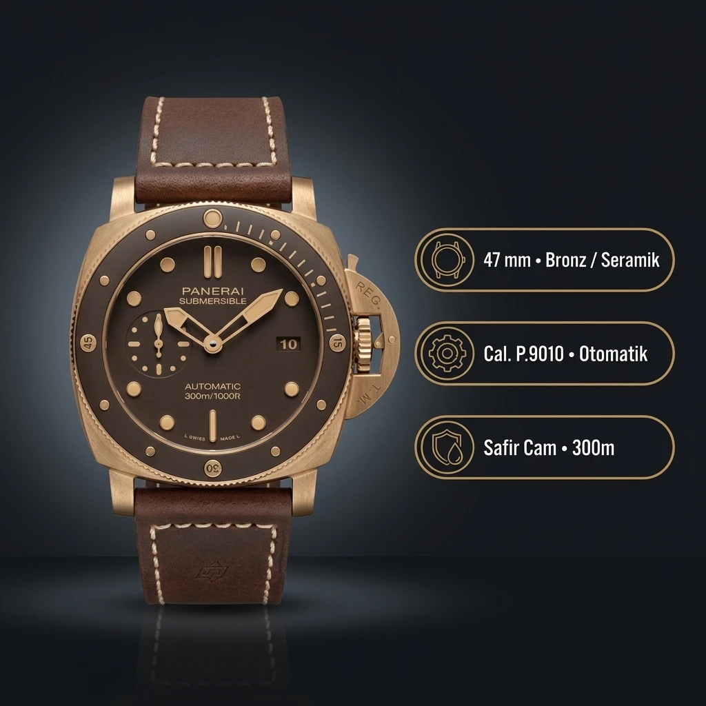Panerai 47 mm PAM01074 Submersible Bronzo Siyah Kadran Klasik Super Clone ETA Saat