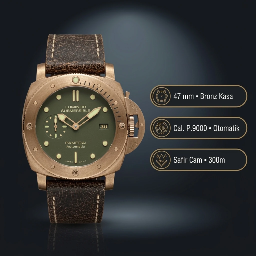 Panerai 47 mm PAM01074 Submersible Bronzo Yeşil Kadran Zarif Super Clone ETA Saat