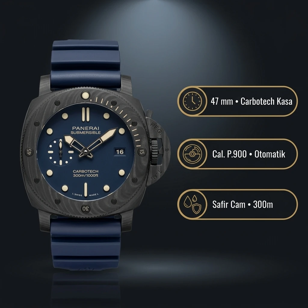 Panerai 47 mm PAM01616 Submersible Karbon Mavi Detay Kauçuk Kordon Super Clone ETA Saat