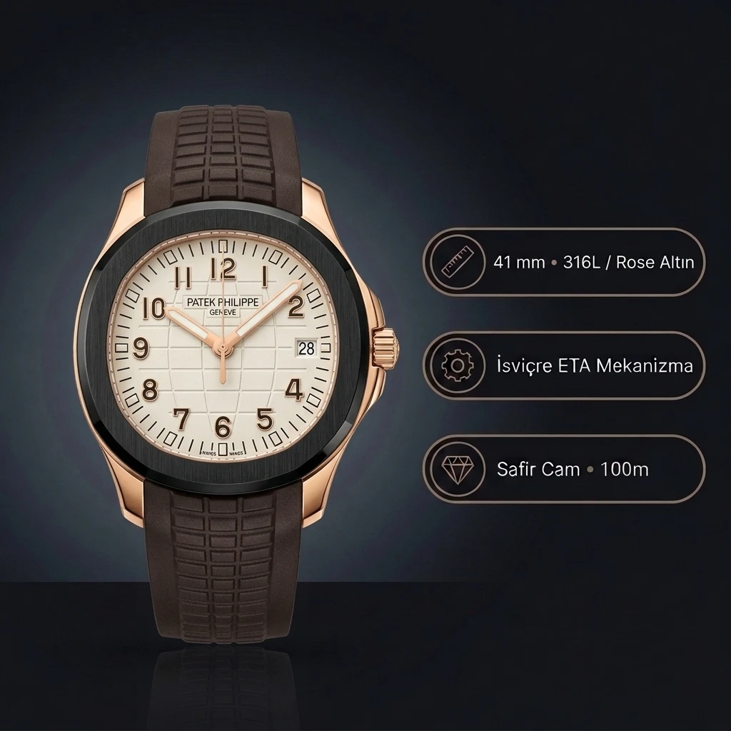 Patek Philippe Aquanaut 5167 41 mm Krem Kadran Arap Rakamlı Rose Gold Siyah Bezel Kahverengi Kauçuk Super Clone ETA Saat