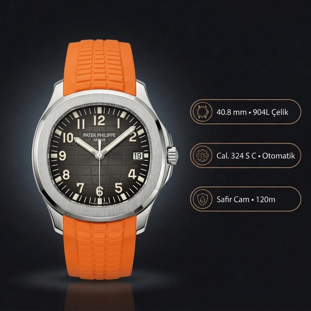 Patek Philippe Aquanaut 5167 40.8 mm Siyah Kadran Turuncu Kauçuk Kordon Bileklik Super Clone ETA Saat