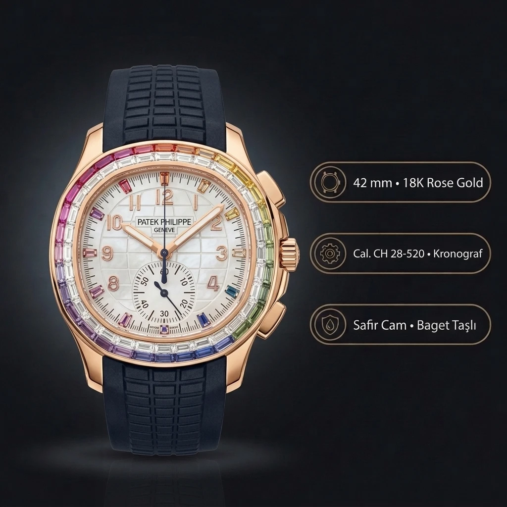 Patek Philippe Aquanaut 5968 Krem Gökkuşağı Taşlı Mavi Kauçuk Kordon 42 mm Super Clone ETA Saat
