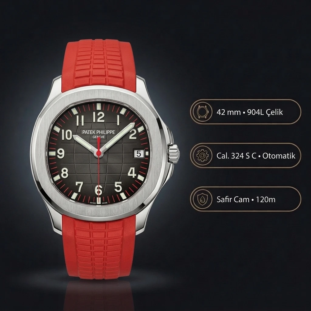 Patek Philippe Aquanaut 5968 Siyah Chronograph Kirmizi Kauçuk Kordon 42 mm Super Clone ETA Saat