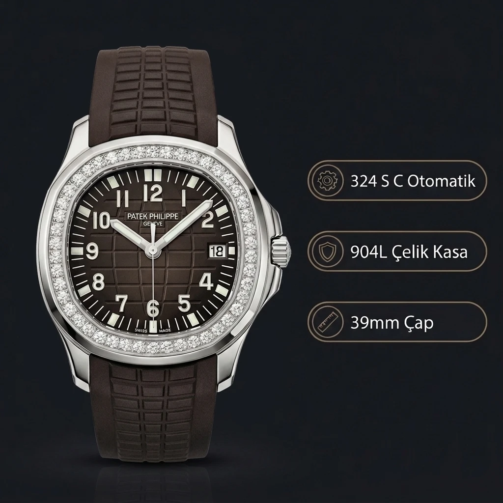 Patek Philippe Aquanaut Kahve Kadran Taşlı Bezel Çelik Kauçuk Kordon 39 mm Super Clone ETA Saat