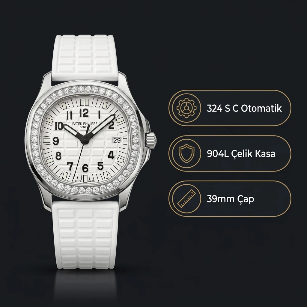 Patek Philippe Aquanaut Luce Beyaz Kadran Taşlı Bezel Çelik Kauçuk Kordon 39 mm Super Clone ETA Saat