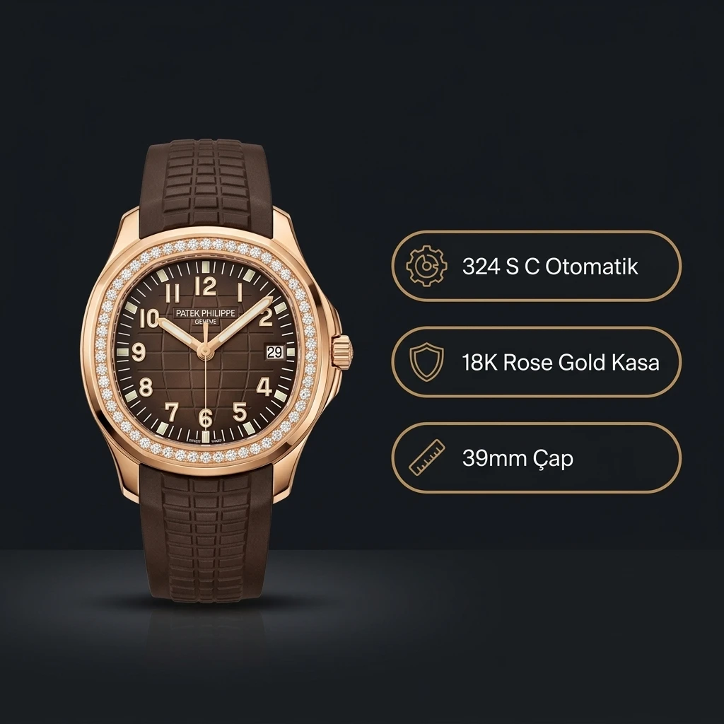Patek Philippe Aquanaut Luce Kahve Kadran Taşlı Bezel Gold Kauçuk Kordon 39 mm Super Clone ETA Saat