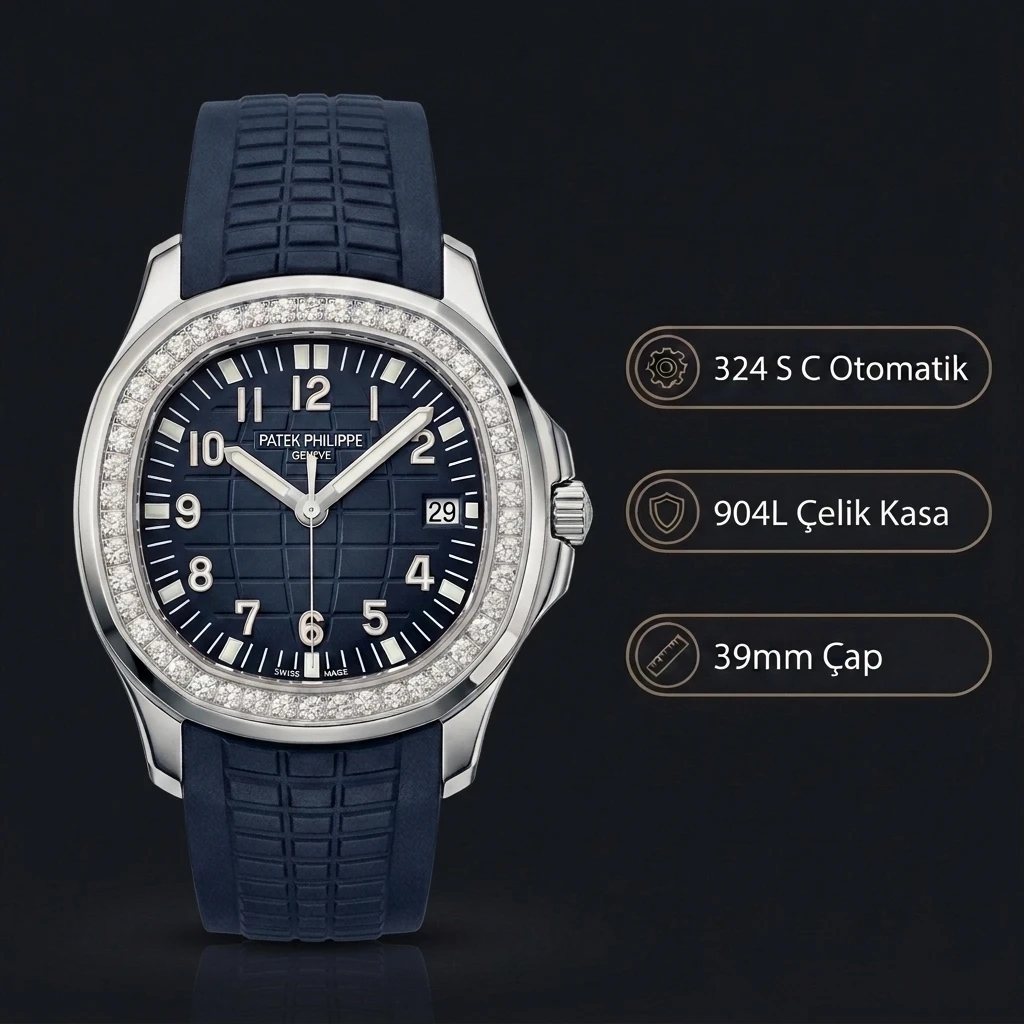 Patek Philippe Aquanaut Luce Mavi Kadran Taşlı Bezel Çelik Kauçuk Kordon 39 mm Super Clone ETA Saat