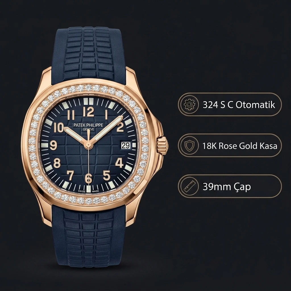 Patek Philippe Aquanaut Luce Mavi Kadran Taşlı Bezel Gold Kauçuk Kordon 39 mm Super Clone ETA Saat