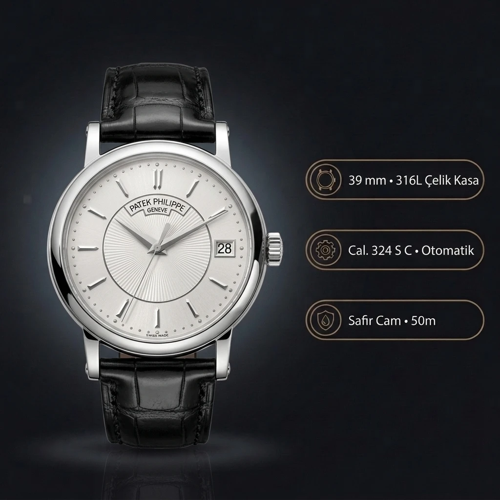 Patek Philippe Calatrava Çelik Beyaz Kadran Siyah Deri Kordon 39 mm Super Clone ETA Saat