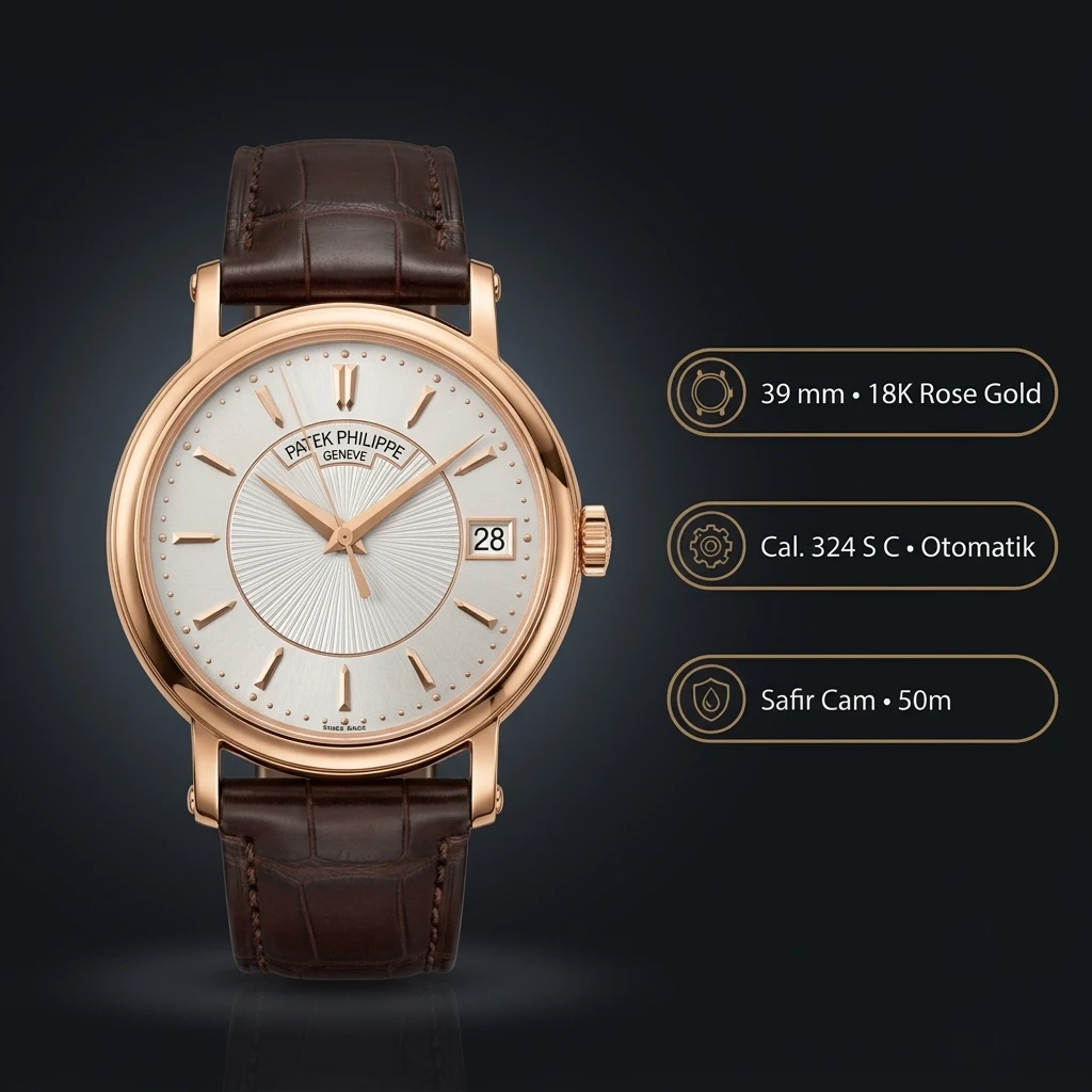 Patek Philippe Calatrava Rose Kasa Beyaz Kadran Kahverengi Deri Kordon 39 mm Super Clone ETA Saat