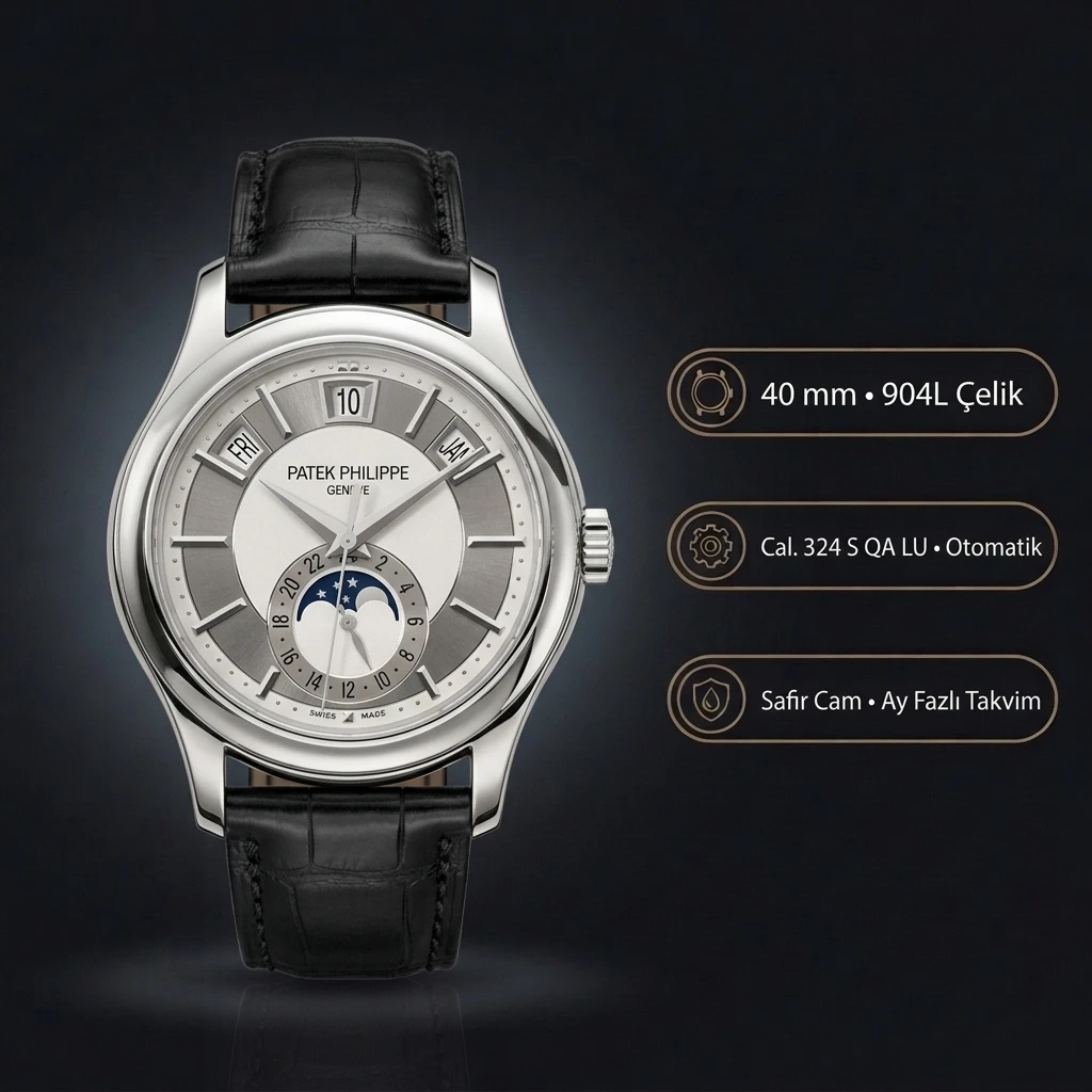 Patek Philippe Grand Complications Gri Moonphase Yıllık Takvim Deri 40 mm Super Clone ETA Saat