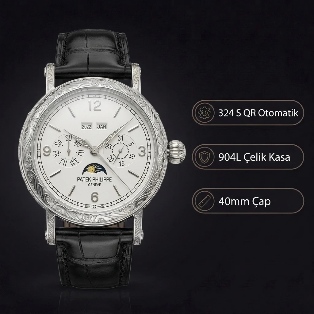 Patek Philippe Grand Complications Perpetual Calendar Beyaz Kadran Çelik Deri Kordon 40 mm Super Clone ETA Saat