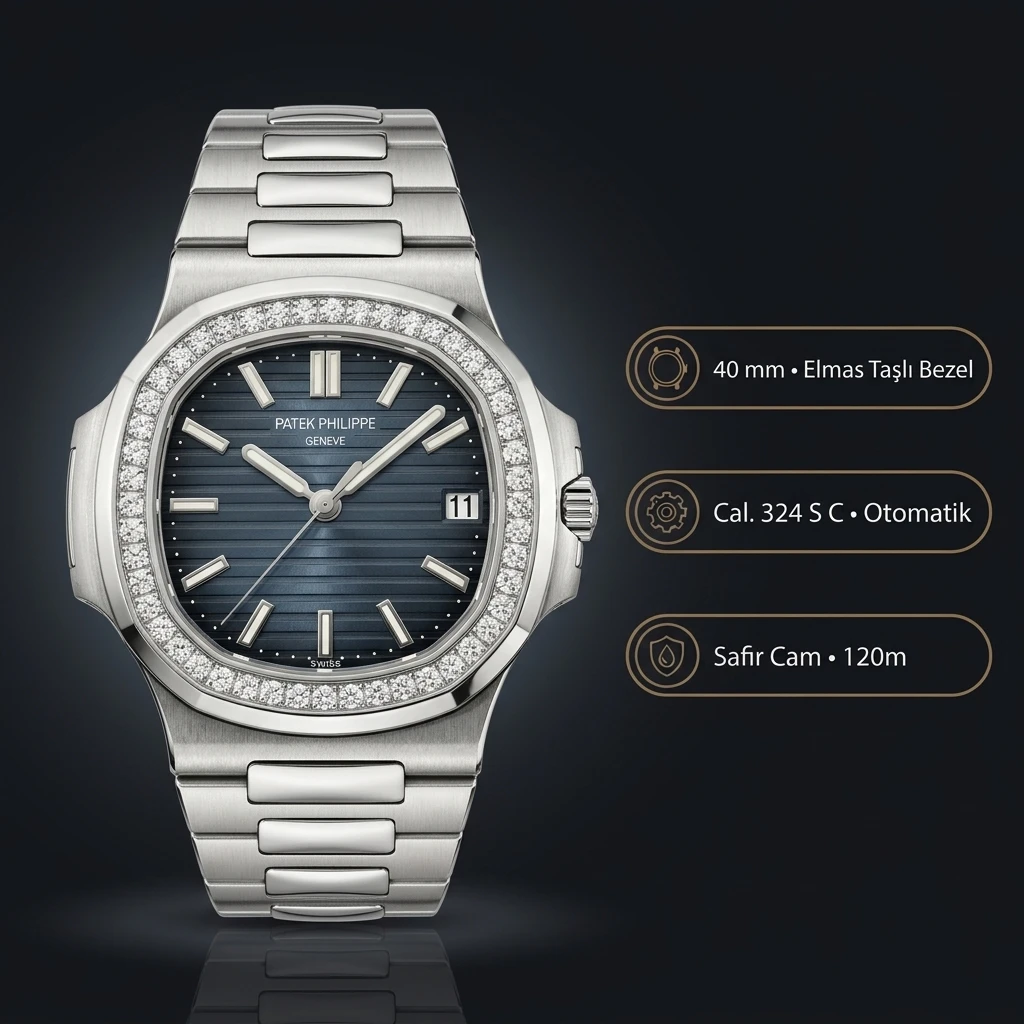 Patek Philippe Nautilus 5711 Mavi Kadran Taşlı Bezel Çelik 40 mm Super Clone ETA Saat