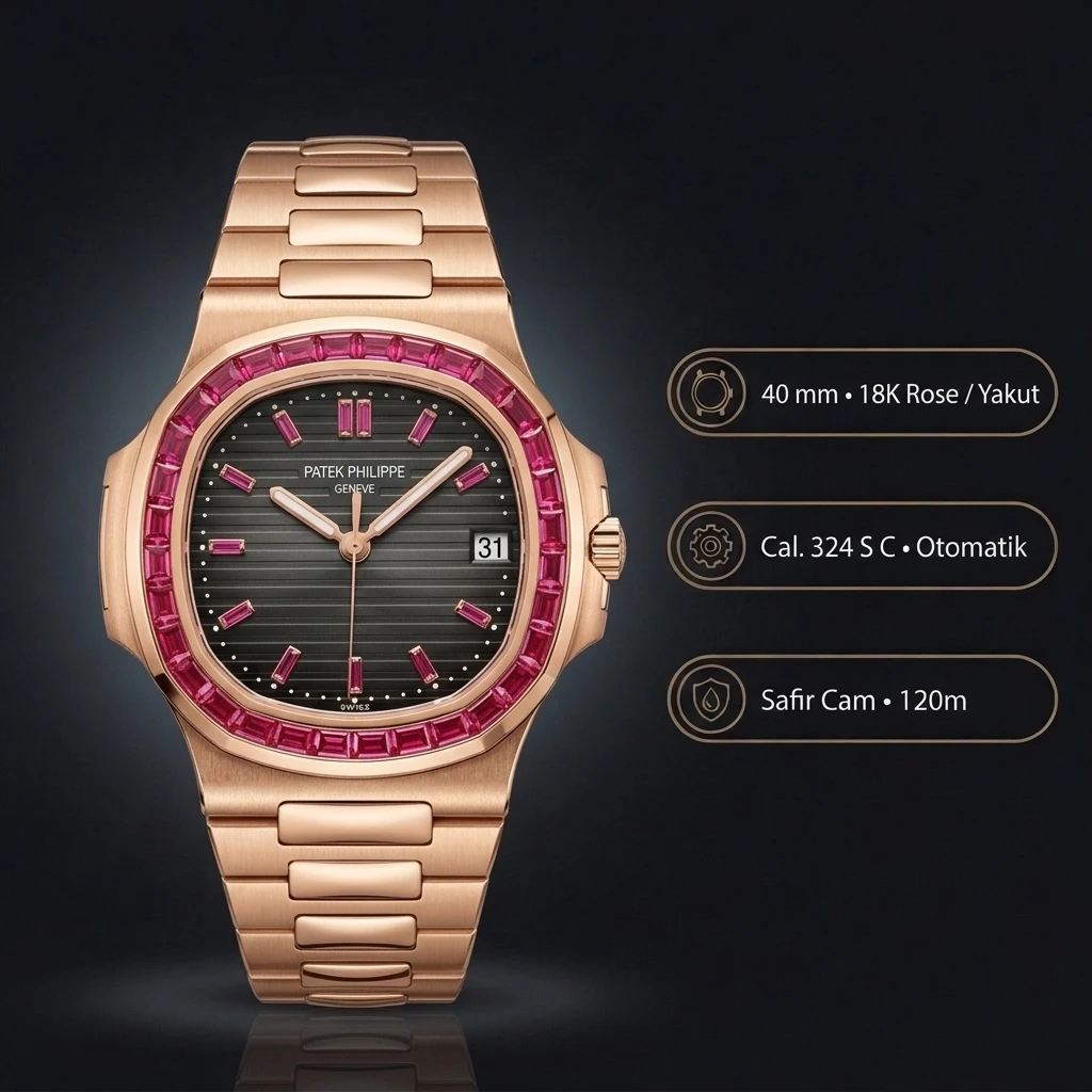 Patek Philippe Nautilus 5711 Rose Siyah Yakut Taşlı Bezel 40 mm Super Clone ETA Saat