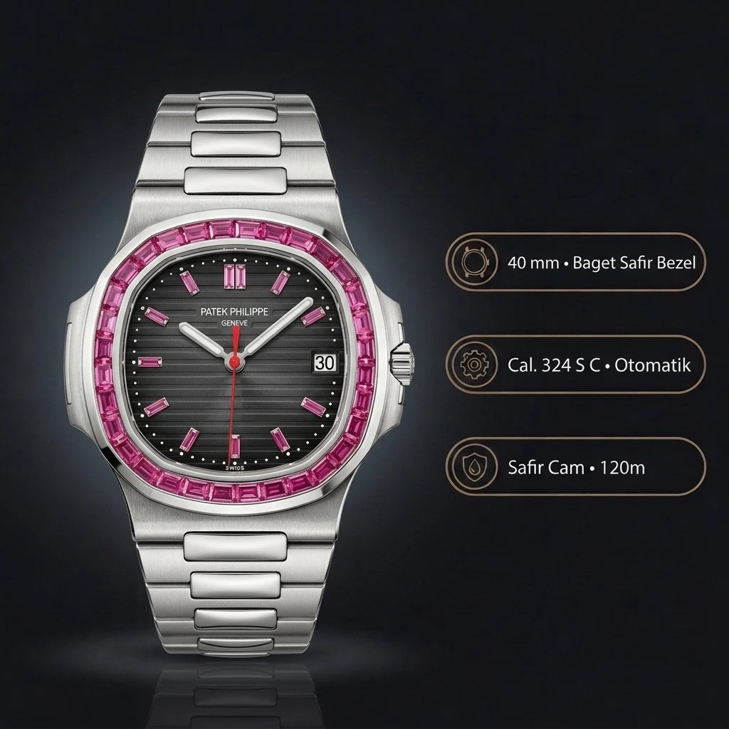 Patek Philippe Nautilus 5711 Siyah Kadran Pembe Baget Taşlı 40 mm Super Clone ETA Saat