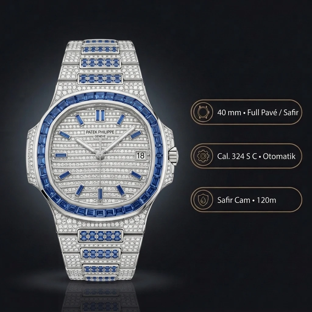 Patek Philippe Nautilus Mavi Safir Taşlı Full Pavé 40 mm Super Clone ETA Saat