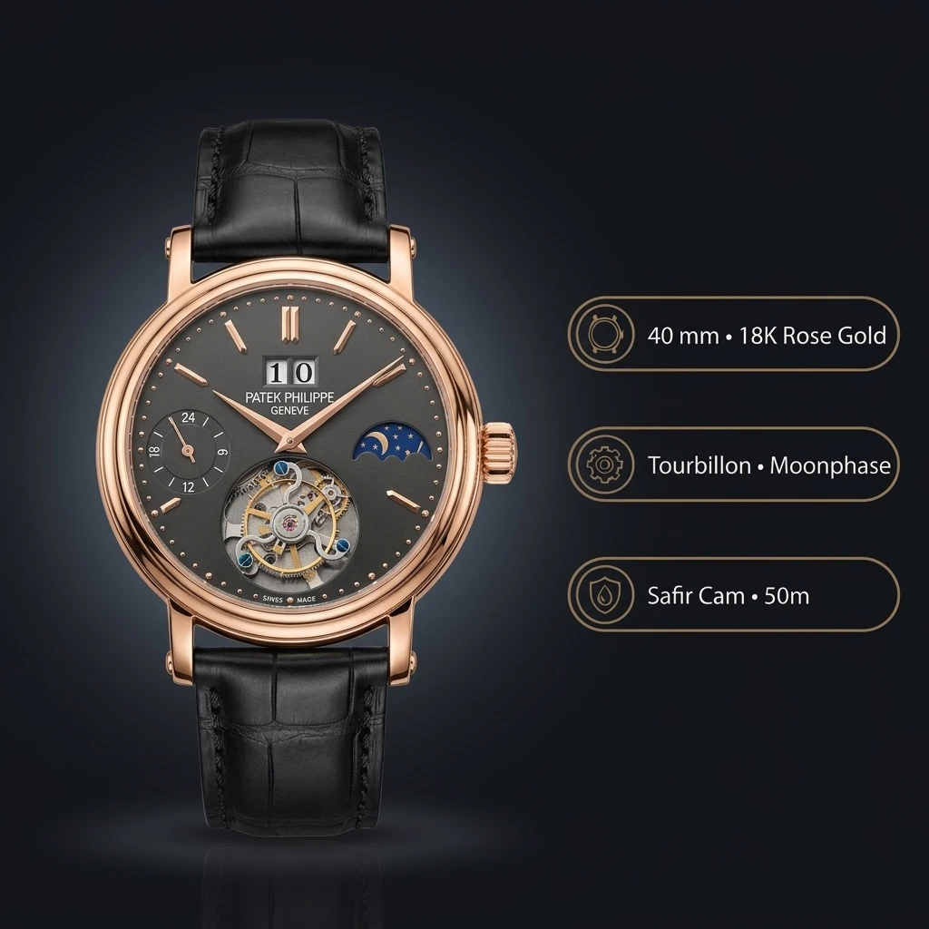 Patek Philippe Tourbillon Moonphase Gri Kadran Rose Kasa Siyah Deri Kordon 40 mm Super Clone ETA Saat