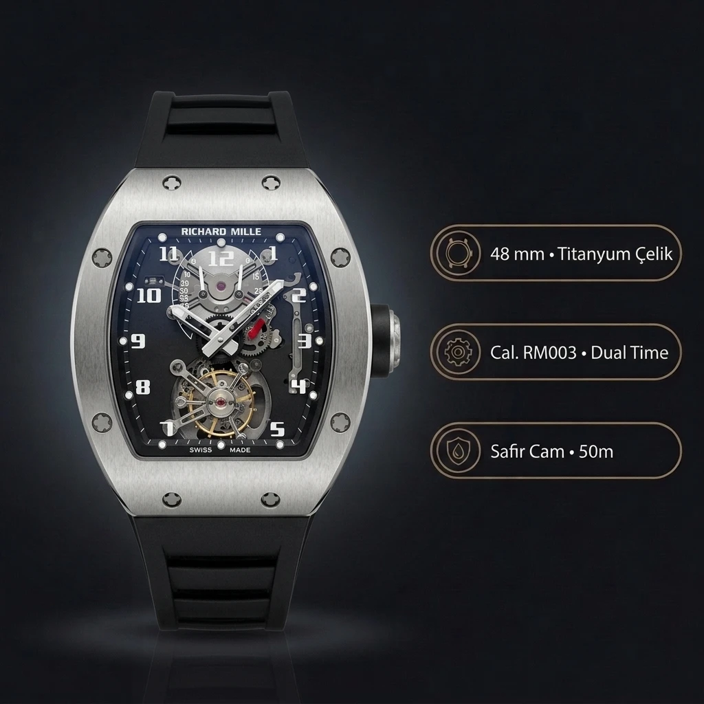 Richard Mille RM 003 Tourbillon Dual Time Çelik Kasa Gri Kadran Rakamlı Kauçuk Kordon 48 mm Super Clone ETA Saat