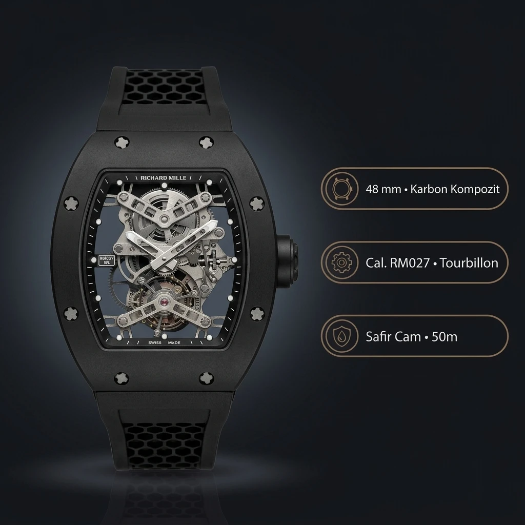 Richard Mille RM 027 Tourbillon Rafael Nadal Siyah Kasa Kauçuk Kordon 48 mm Super Clone ETA Saat