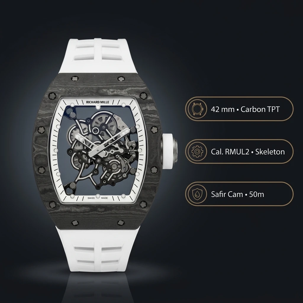 Richard Mille RM 055 Bubba Watson Americas Siyah Karbon Beyaz Çerçeve Skeleton Beyaz Kordon 42 mm Super Clone ETA Saat