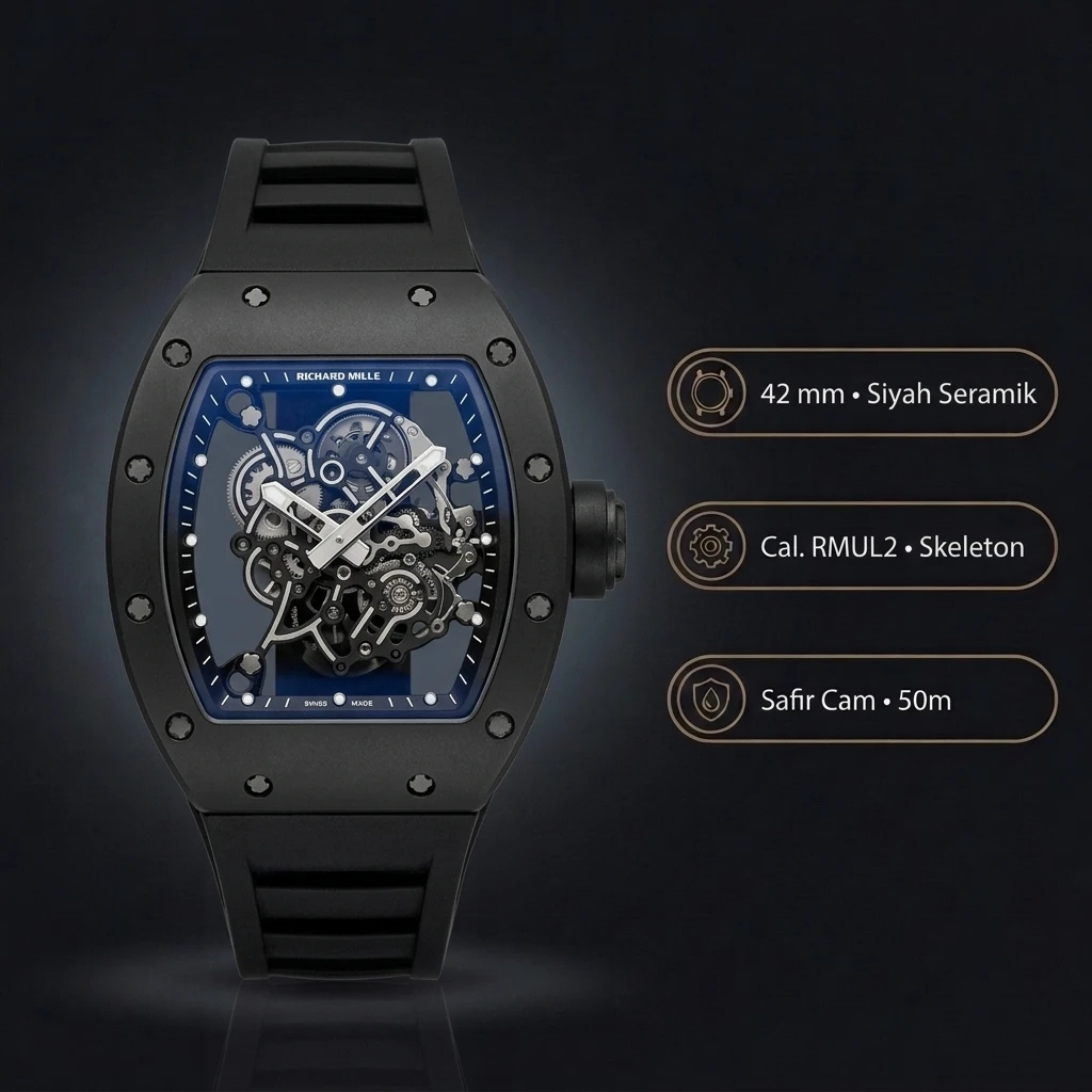 Richard Mille RM 055 Bubba Watson Asia Siyah Seramik Mavi Çerçeve Skeleton Kauçuk Kordon 42 mm Super Clone ETA Saat