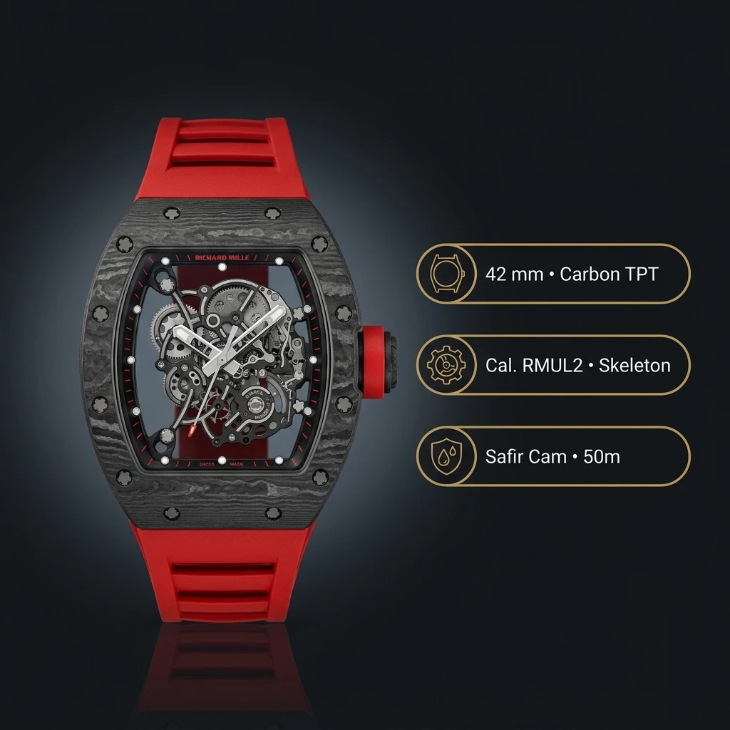 Richard Mille RM 055 Siyah Karbon Skeleton Kırmızı Kauçuk Kordon Mat 42 mm Super Clone ETA Saat