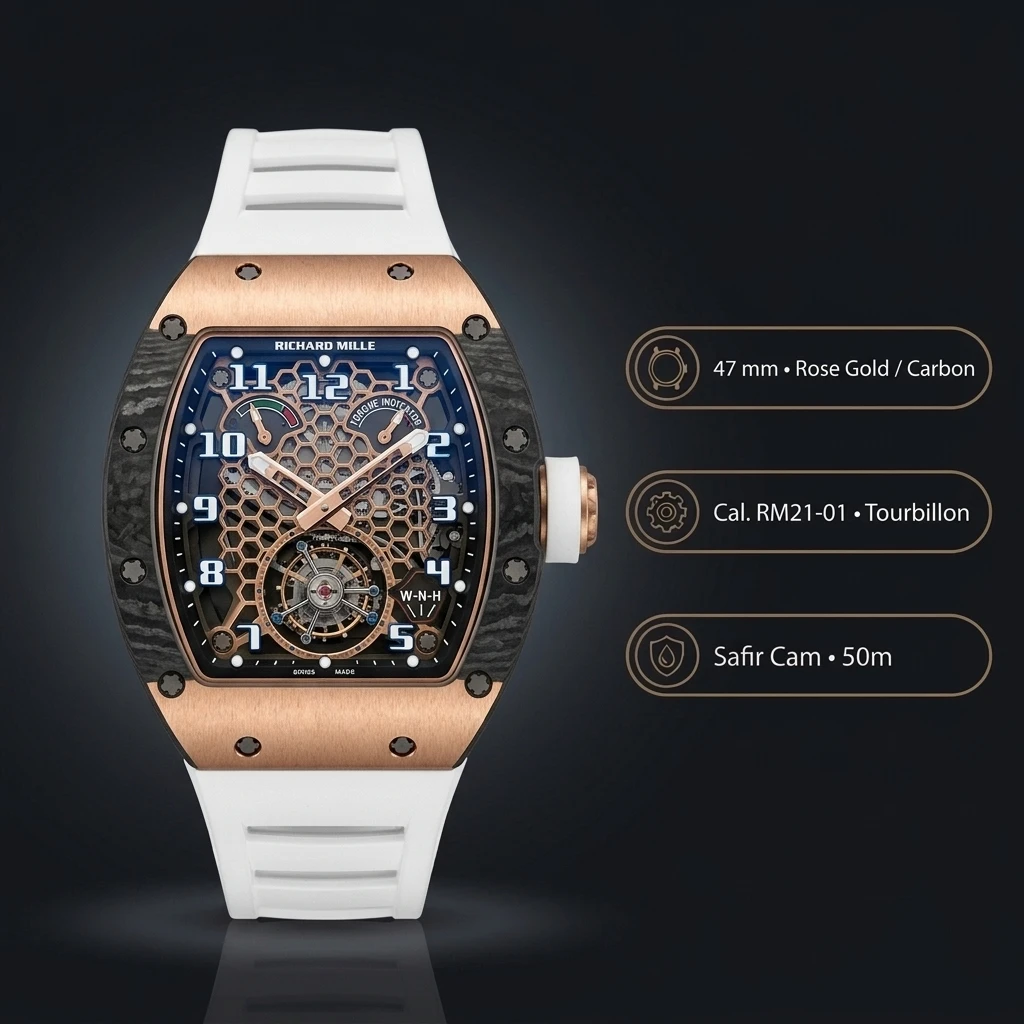 Richard Mille RM 21-01 Tourbillon Rose Altın Rakamlı Beyaz Kauçuk Kordon 47 mm Super Clone ETA Saat