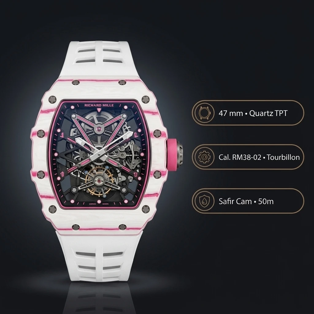Richard Mille RM 38-02 Bubba Watson Tourbillon Beyaz Seramik Pembe Detay Kauçuk Kordon 47 mm Super Clone ETA Saat