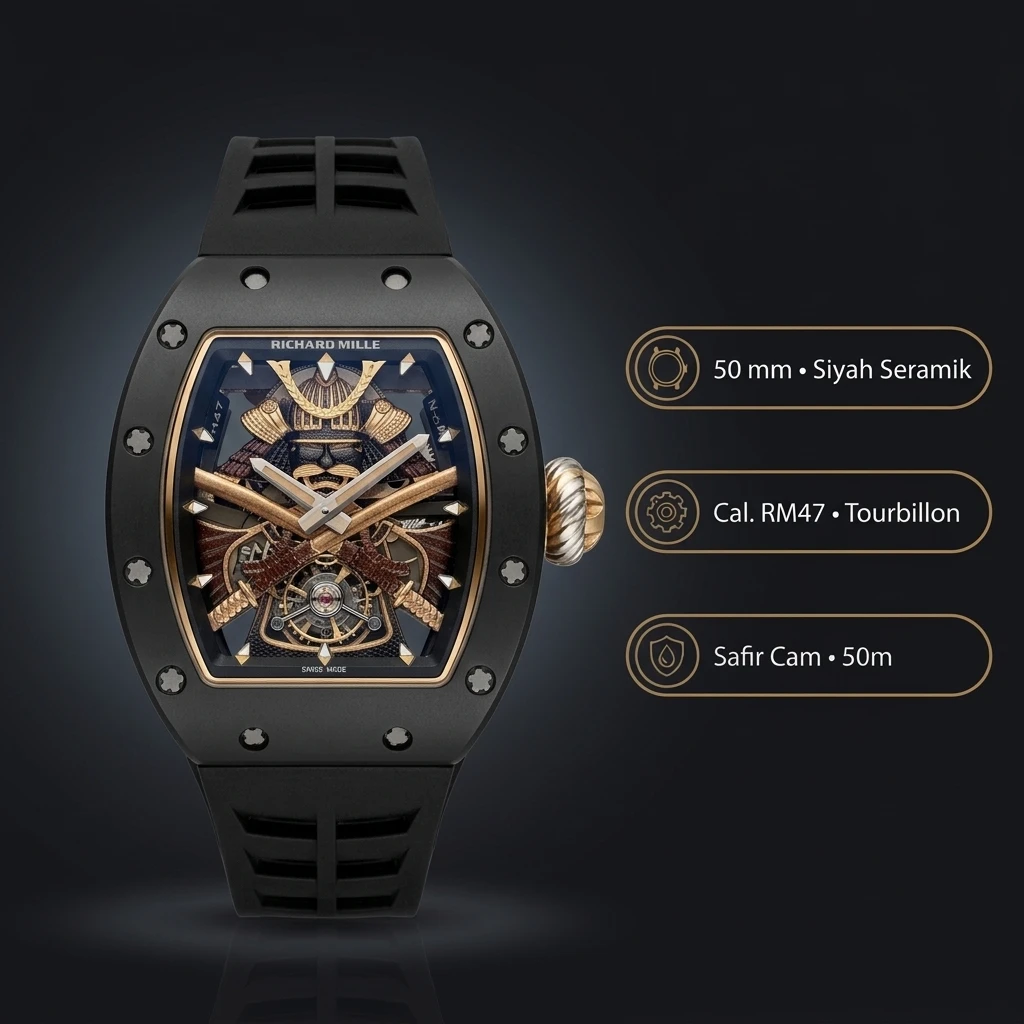 Richard Mille RM 47 Samuray Tourbillon Siyah Kasa Kauçuk Kordon 50 mm Super Clone ETA Saat