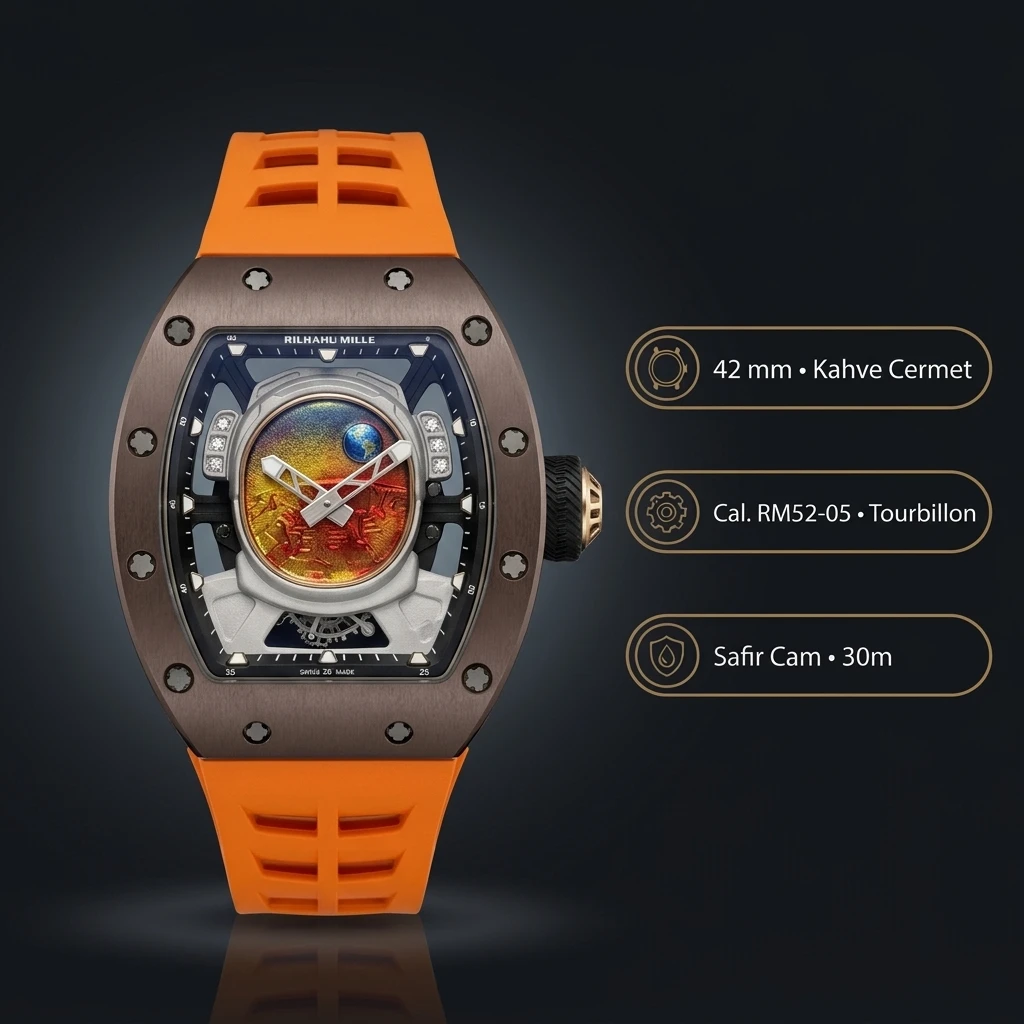 Richard Mille RM 52-05 Pharrell Astronot Mars Kadran Turuncu Kauçuk Kordon 42 mm Super Clone ETA Saat