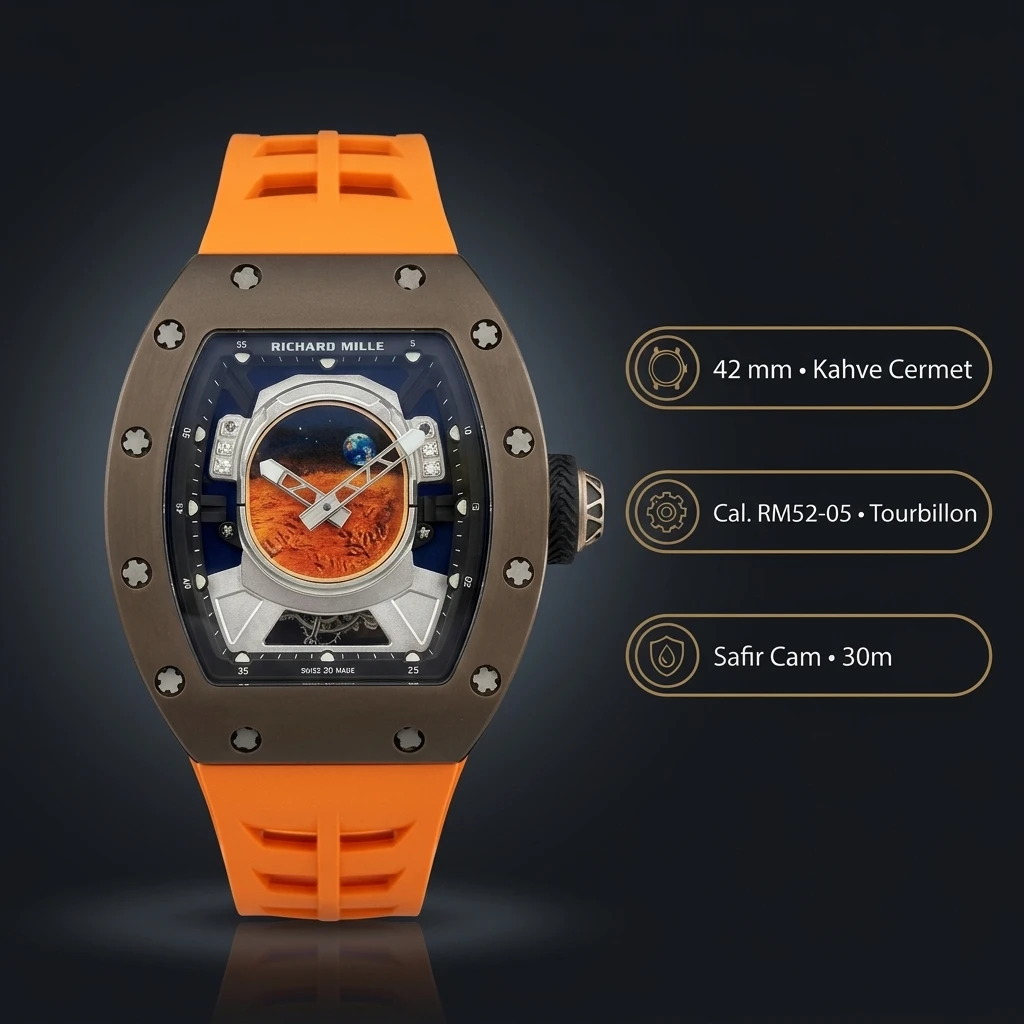 Richard Mille RM 52-05 Pharrell Astronot Mars Siyah Kasa Turuncu Kauçuk Kordon 42 mm Super Clone ETA Saat