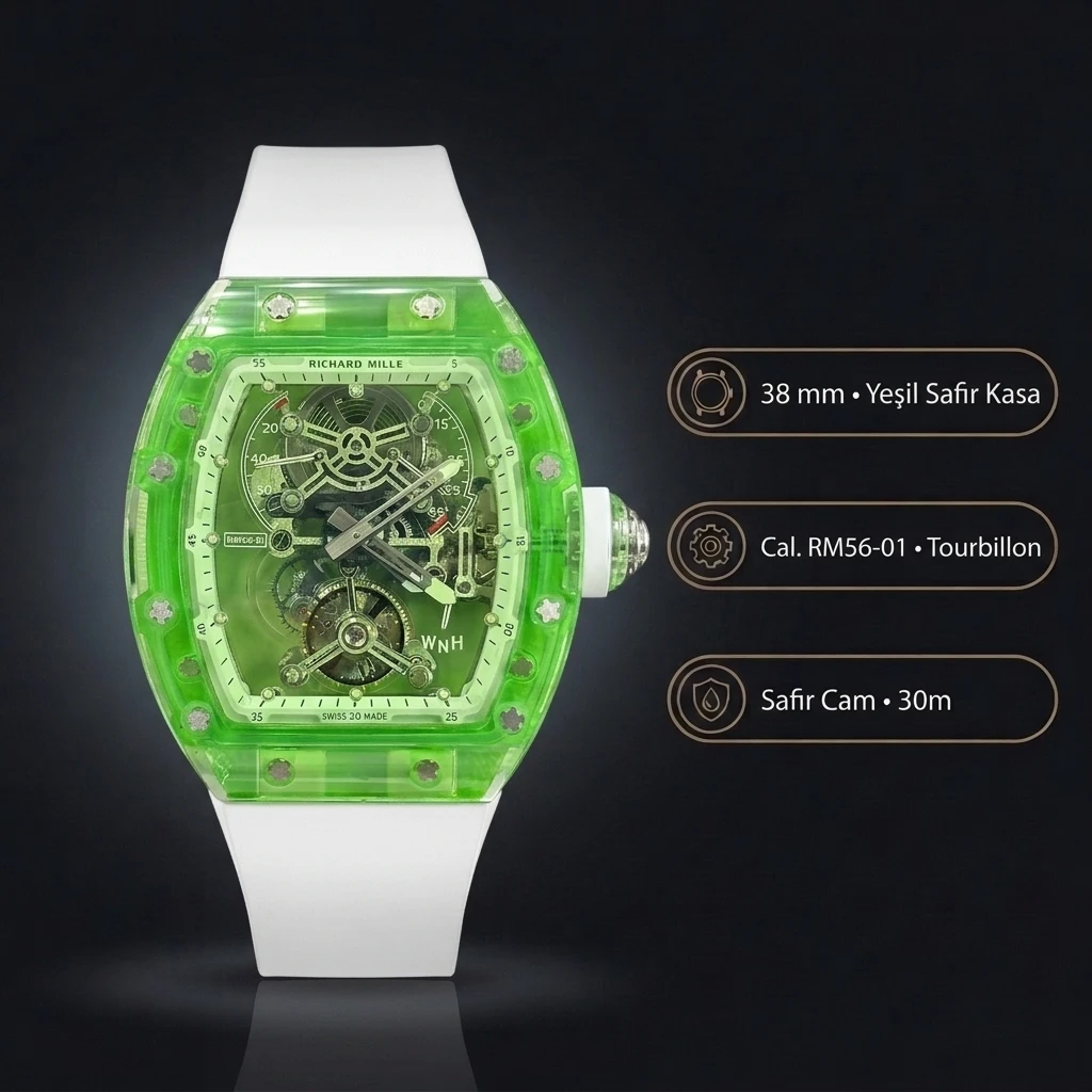 Richard Mille RM 56-01 Tourbillon Yeşil Şeffaf Safir Kasa Kordon 38 mm Super Clone ETA Saat