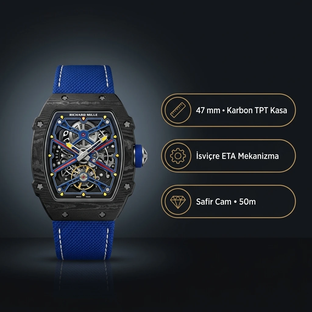 Richard Mille RM 67-02 47 mm Siyah Karbon TPT İskelet Kadran Mavi Kordon Super Clone ETA Saat