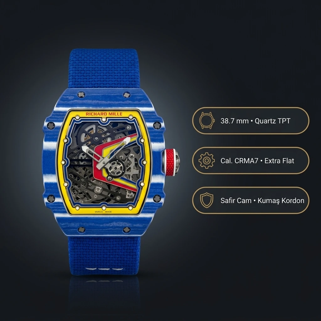 Richard Mille RM 67-02 Extra Flat UNI Factory Fernando Alonso Mavi Kasa Sarı Kırmızı Kadran Kumaş Kordon 38.7 mm 7.8 mm Super Clone ETA Saat