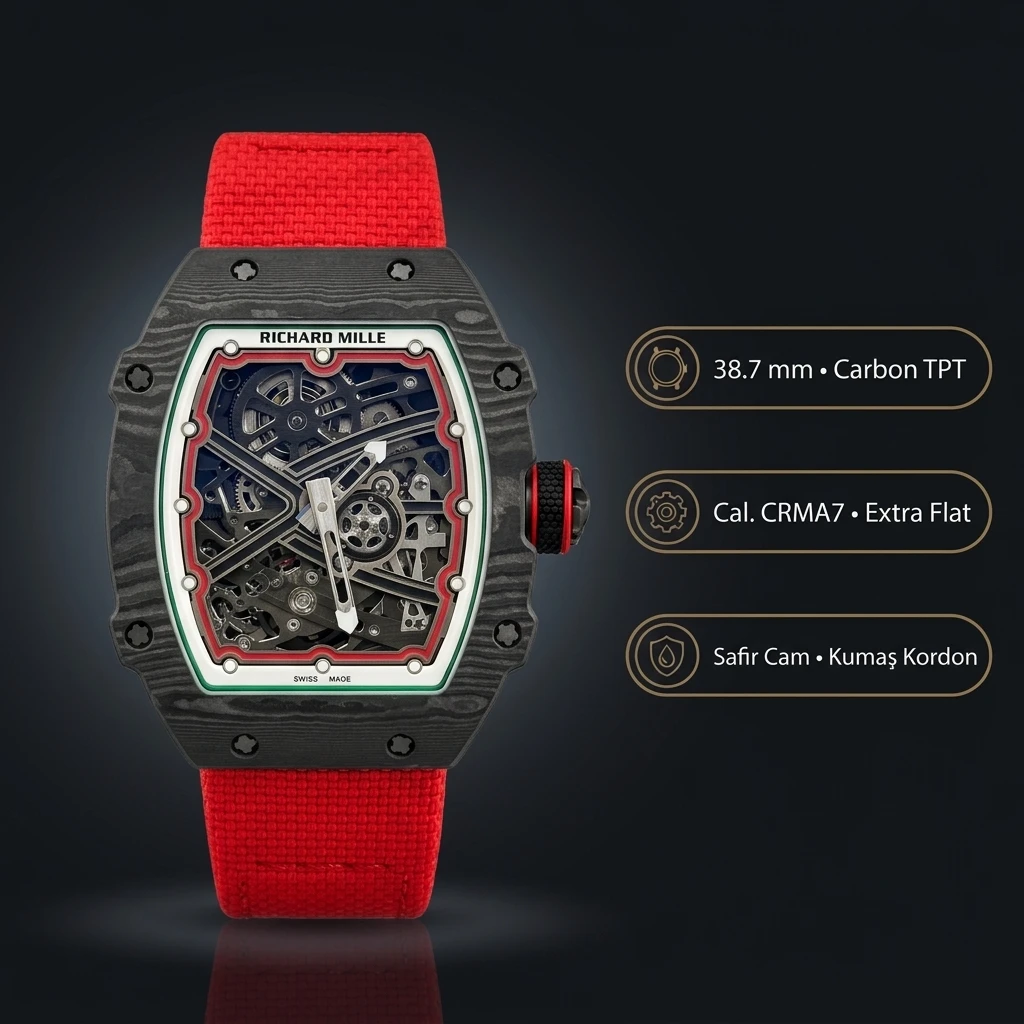 Richard Mille RM 67-02 Extra Flat UNI Factory Italy İtalya Siyah Karbon Yeşil Kırmızı Kumaş Kordon 38.7 mm 7.8 mm Super Clone ETA Saat