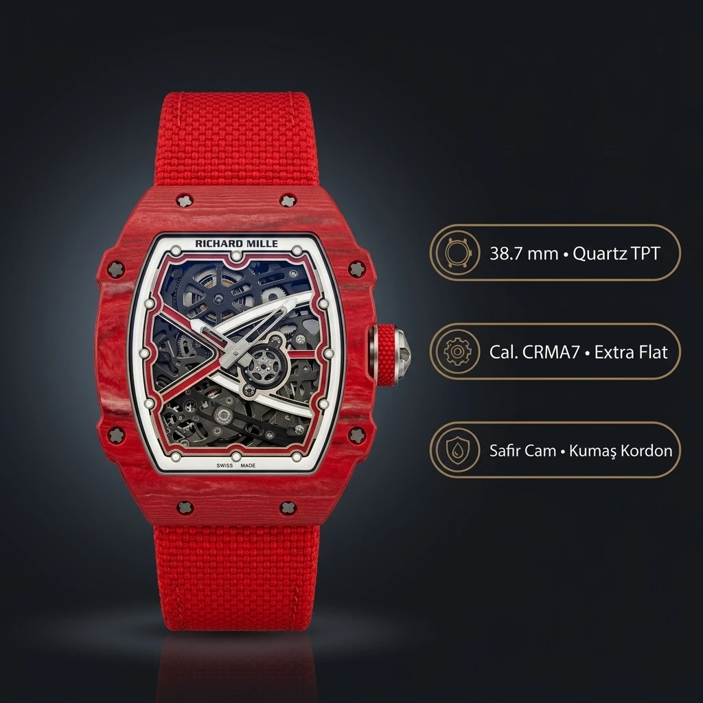 Richard Mille RM 67-02 Extra Flat UNI Factory Kırmızı Kasa Kırmızı Kumaş Kordon 38.7 mm 7.8 mm Super Clone ETA Saat