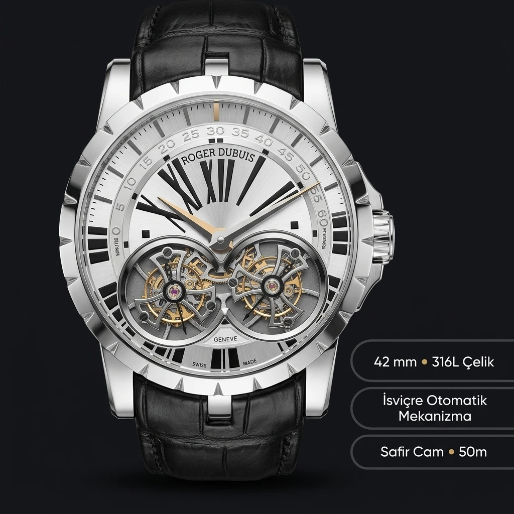Roger Dubuis Excalibur Gümüş Roman Kadran Deri Gündüz Super Clone ETA Saat